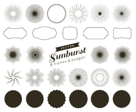 Collection of hand drawn retro sunburst, bursting rays design elements. Frames, badges.のイラスト素材