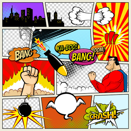 Comics Template. Vector Retro Comic Book Speech Bubbles Illustration. Mock-up of Comic Book Page with place for Text, Speech Bubbls, Symbols, Colored Halftone Background and Superheroの写真素材