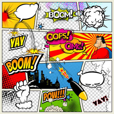 Comic book page divided by lines with speech bubbles, rocket, superhero and sounds effect. Retro background mock-up. Comics template. Vector illustration.のイラスト素材