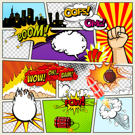 Comics Template. Vector Retro Comic Book Speech Bubbles Illustration. Mock-up of Comic Book Page with place for Text, Speech Bubbls, Symbols, Colored Halftone Background and Superheroのイラスト素材