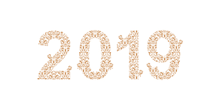 Number 2019 year patterned with floral shapes, isolated on white. 2019 for decorate calendar, banner, poster, invitation, card, adult coloring book.の写真素材