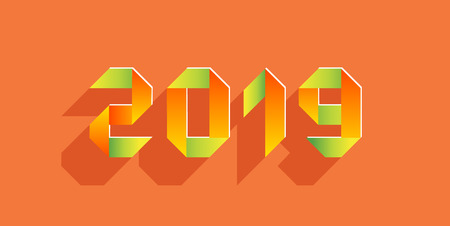 New 2019 year paper card made in origami style, vector illustration. Perfect for presentations, flyers and banners, leaflets, postcards and posters.の写真素材