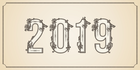 Number 2019 year patterned with floral shapes, isolated on white. 2019 for decorate calendar, banner, poster, invitation, card, adult coloring book.の写真素材