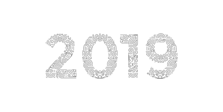 Number 2019 year patterned with floral shapes, isolated on white. 2019 for decorate calendar, banner, poster, invitation, card, adult coloring bookのイラスト素材