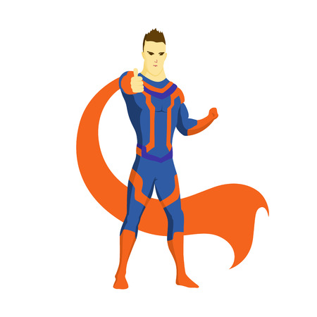 Superhero standing with cape waving in the wind. Showing gesture like. Pop art comic book style superhero vector poster design wall decoration illustration.のイラスト素材