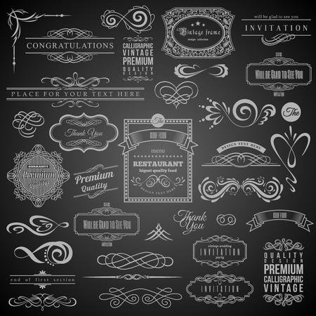 Set of Vintage Decorations Elements.Flourishes Calligraphic Ornaments and Frames with place for your text. Retro Style Design Collection for Invitations, Banners, Posters, Badges, Logotypesのイラスト素材