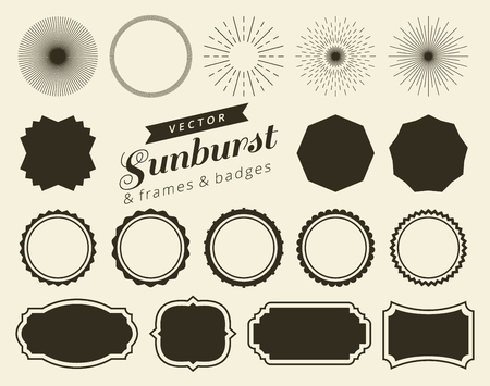 Collection of hand drawn retro sunburst, bursting rays design elements. Frames, badges.のイラスト素材
