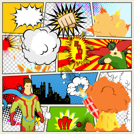 Comics Template. Vector Retro Comic Book Speech Bubbles Illustration. Mock-up of Comic Book Page with place for Text, Speech Bubbls, Symbols, Colored Halftone Background and Superheroのイラスト素材