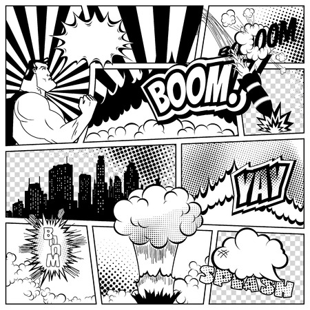 Vector colorful template of comic book page with various speech bubbles, rays, stars, dots, halftone background. Superhero and city Silhouetteのイラスト素材