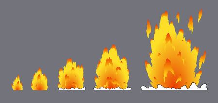 Cartoon explosion effect with smoke. Effect boom, explode flash, bomb comic book, vector illustration. Animation for game of the explosion effect, broken into separate frames.のイラスト素材