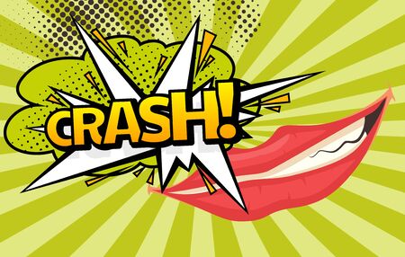 Speech Bubble with Woman lips in Pop-Art Style. Crash sound text.のイラスト素材