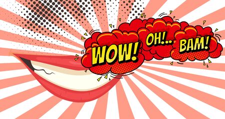 Speech Bubble with Woman lips in Pop-Art Style. Wow oh bam sound text.のイラスト素材