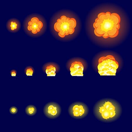 Cartoon explosion effect with smoke. Effect boom, explode flash, bomb comic book, vector illustration. Animation for game of the explosion effect, broken into separate frames.のイラスト素材