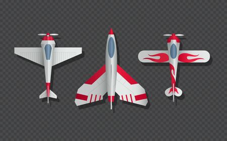 Airplanes and military aircraft top view. 3d airliner and fighter vector icons. Airplane top view, air transport model illustrationのイラスト素材