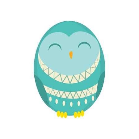 Cute funny owl with eyes closed. Forest bird. Decorative and style toy, doll. Happy and joyful bird in flat style. Isolated children cartoon illustration, for print or sticker.のイラスト素材