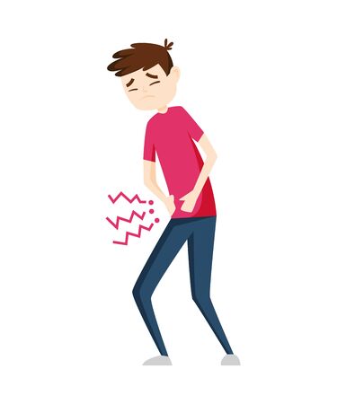 Man having stomachache symptoms of appendicitis with large, small intestine and appendix. Young man clutched his stomach. Abdominal pain. Appendix disease, emergency case.のイラスト素材