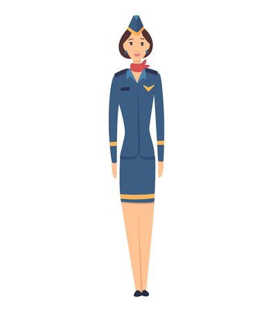Smiling civilian aircraft stewardess dressed in uniform. Cheerful female cartoon character isolated on white background. Colorful vector illustration in flat style.のイラスト素材
