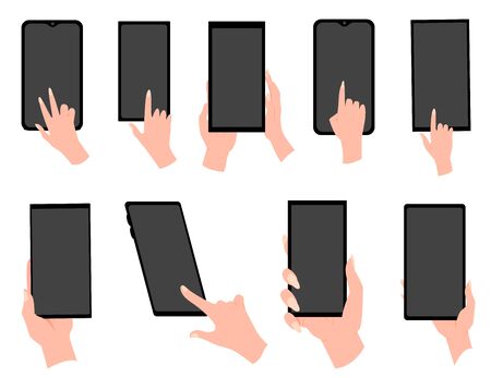 Hand holding black smartphone, touching blank white screen. Using mobile smart phone. Graphics for websites, web banners. Flat design vector illustration.のイラスト素材
