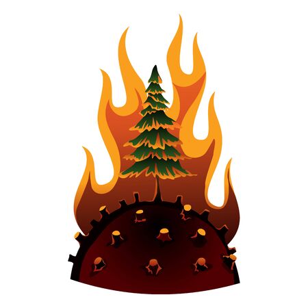 Earth global warming. Vector planet with cut down trees and fire. Warning ecology poster. Concept global drought. Poorly globe character of cartoon earth. Deforestation.のイラスト素材