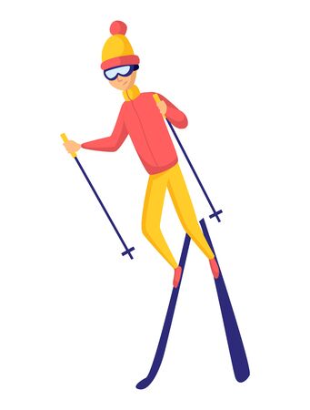 Vector men skier. Male skiing design element isolated on white background. Winter sportsman on ski resort. Winter sport activity. Skier goes skiing.のイラスト素材