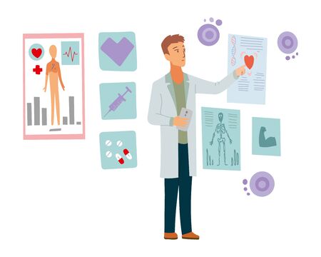 Modern technologies in medicine, diagnostics. Doctor taking care of the patients, healthcare and technology conceptのイラスト素材