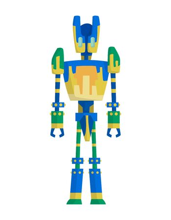 Funny cartoon robot. Cute retro robot. Robotic for children. Friendly android robot character with arms. Toy character future artificial robotics machine cyborg vector illustrationのイラスト素材