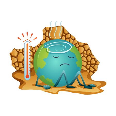 Earth global warming. Vector planet thermometer with scale showing red color. Warning ecology poster. Concept global drought. Poorly globe character of cartoon earthのイラスト素材