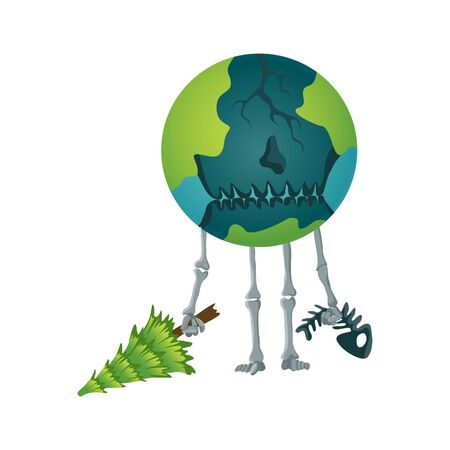 Earth global warming. Vector planet with cut down tree and dead fish. Warning ecology poster. Concept global drought. Poorly globe character of cartoon earth.のイラスト素材