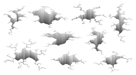 Collection of earthquake cracks. Hole effect and cracked surface. Holes in ground with cracking and earth destruction cracks isolated vector cartoon. Vector illustrationのイラスト素材