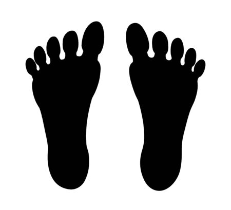 Human feet black silhouette. Symbol footprint with toes. Traveler man, boot steps tracking. Vector illustration isolated on whiteのイラスト素材