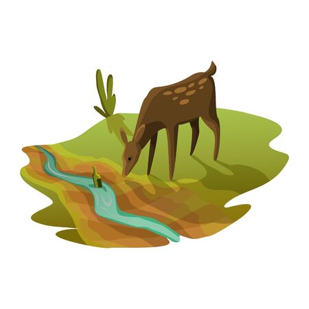 Earth global warming. The roe drinking water from the river is almost dry. Warning ecology poster. Concept global drought.のイラスト素材
