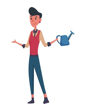 Happy woman gardener or farmer with funnel in hand on a white background. Cartoon character of man farming concept illustration. Design element of a private farm.のイラスト素材