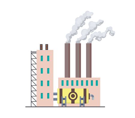 Factori or power plant flat design of vector illustration. Manufactory industrial building refinery factory or Nuclear Power Station. Building big of plant or factory with pipe smokeのイラスト素材