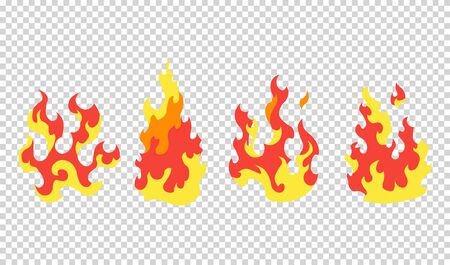 Set fire flames. Cartoon collection of abstract stylized fires. Flaming illustration. Comic dangerous flame fires isolated vector. Hot painting. Transparent backgroundのイラスト素材