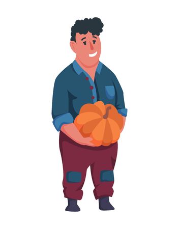 Happy man gardener or farmer with pumpkin in hand on a white background. Cartoon character of man farming concept illustration. Design element of a private farmのイラスト素材