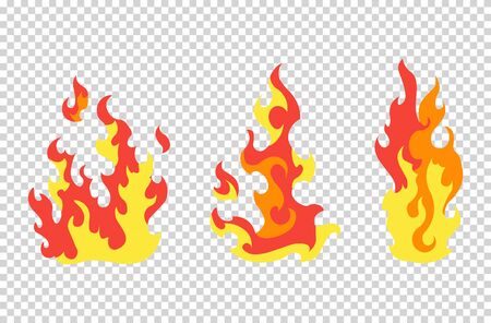Set fire flames. Cartoon collection of abstract stylized fires. Flaming illustration. Comic dangerous flame fires isolated vector. Hot painting. Transparent backgroundのイラスト素材