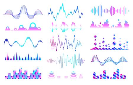 Vector music sound waves set. Audio digital equalizer technology, console panel, musical pulse. Modern music wave pattern. Concept musical bar. Dynamic light flow, with neon light effectのイラスト素材