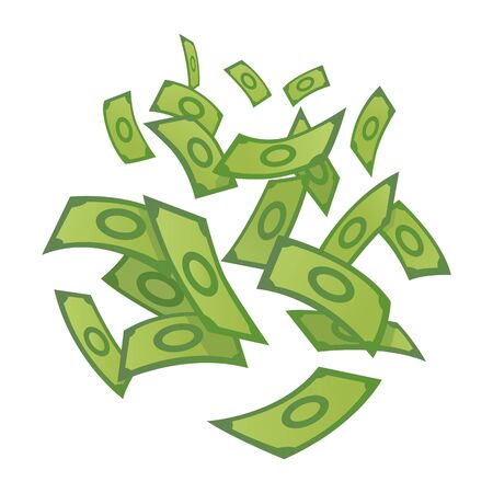 Cartoon money. Green banknote. Flying and rolls bills. Concept of big money. Isolated on white backgroundのイラスト素材