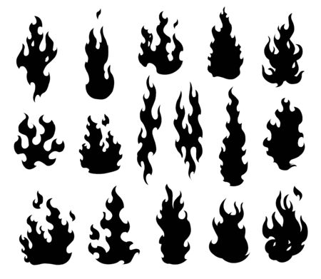 Set fire flames. Cartoon collection of abstract monochrome fires. Flaming illustration. Comic dangerous flame fires isolated vectorのイラスト素材