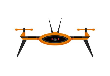 Drone. Air drone hovering. Aerial vehicle. Unmanned aircraft. Modern air gadjet, quadrocopter on remote control. Flat cartoon style of aircraft camera.のイラスト素材