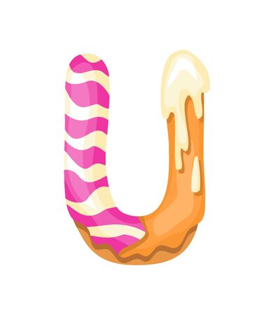 Cartoon cookies font. Vector letter baking in colored glaze. Creative gingerbread typography design. Childhood sweet donut. Letter Uのイラスト素材