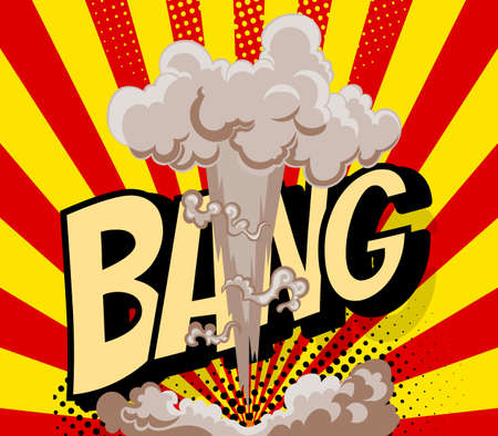 Cartoon explosion effect with smoke. Colorful funny banner in comics book and pop art style. Comic book explosion bang on sunbeam striped background.のイラスト素材