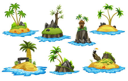 Collection of tropical islands. Tropical coast with palm trees vulture starfish and sea waves. Summer landscape of the tropical island with rocky seashore. Bungalow on the island. Rest in the resortのイラスト素材