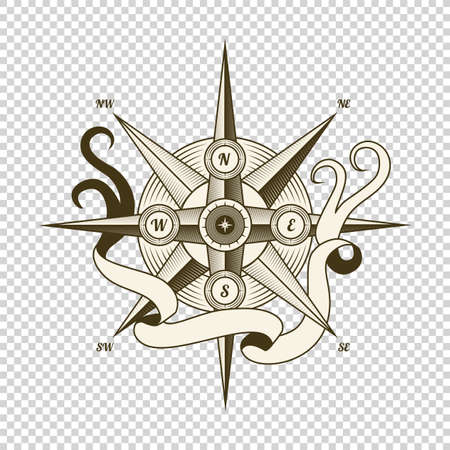 Vintage nautical compass. Old vector design element for marine theme and heraldry on transparent background. Hand drawn wind roseのイラスト素材