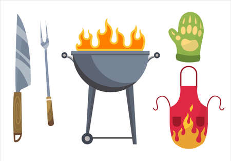 Barbecue icons. Set of elements for grilling. BBQ grill place, gloves, fork, knife and apron. Everything is ready for a family partyのイラスト素材