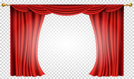 Red curtains realistic. Theater fabric silk decoration for movie cinema or opera hall. Curtains and draperies interior decoration object. Isolated on transparent for theater stageのイラスト素材
