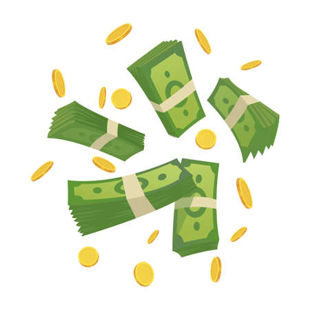 Cartoon money. Green banknote and gold coins cartoon vector illustration. Flying and rolls bills, lot of coins. Dollar rainのイラスト素材
