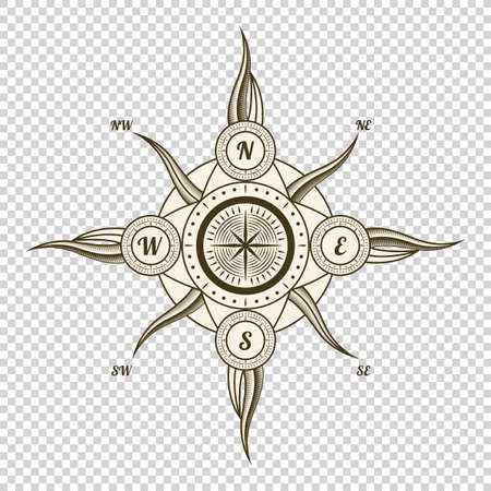 Vintage nautical compass. Old vector design element for marine theme and heraldry on transparent background. Hand drawn wind roseのイラスト素材