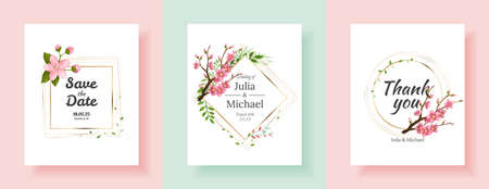 Set of sakura flowers backgrounds. Floral wedding invitation cards template design. Holiday invitation, greeting cards and fashion designのイラスト素材