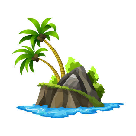 Tropical island. Tropical coast with palm trees and sea waves. Summer landscape of the tropical island with rocky seashore. Rest in the resortのイラスト素材